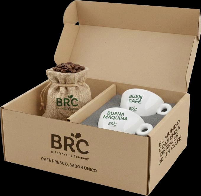 Caja de cartón BRC con saco de café y tazas