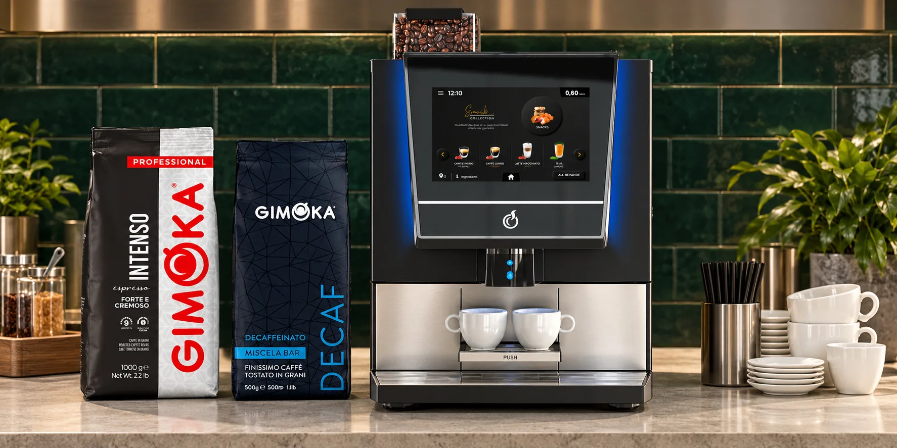 Café Gimoka y un equipo superautomático sobre una barra