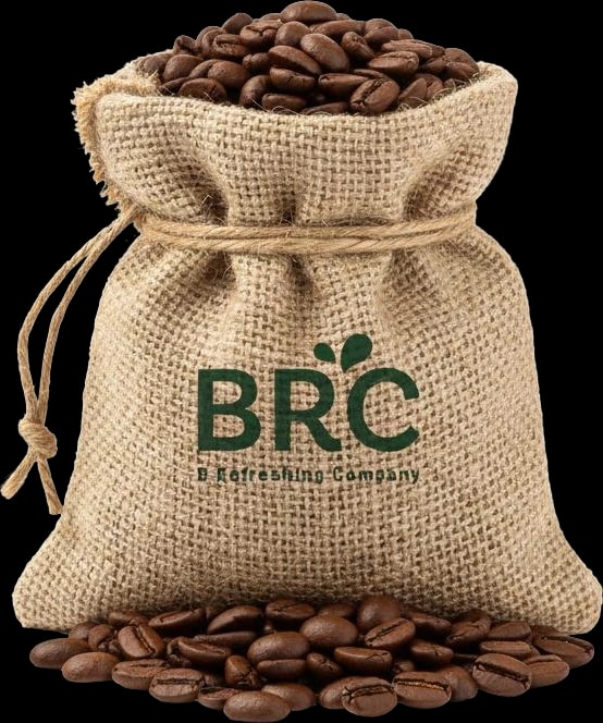 Saco de arpillera con el logotipo de BRC y granos de café