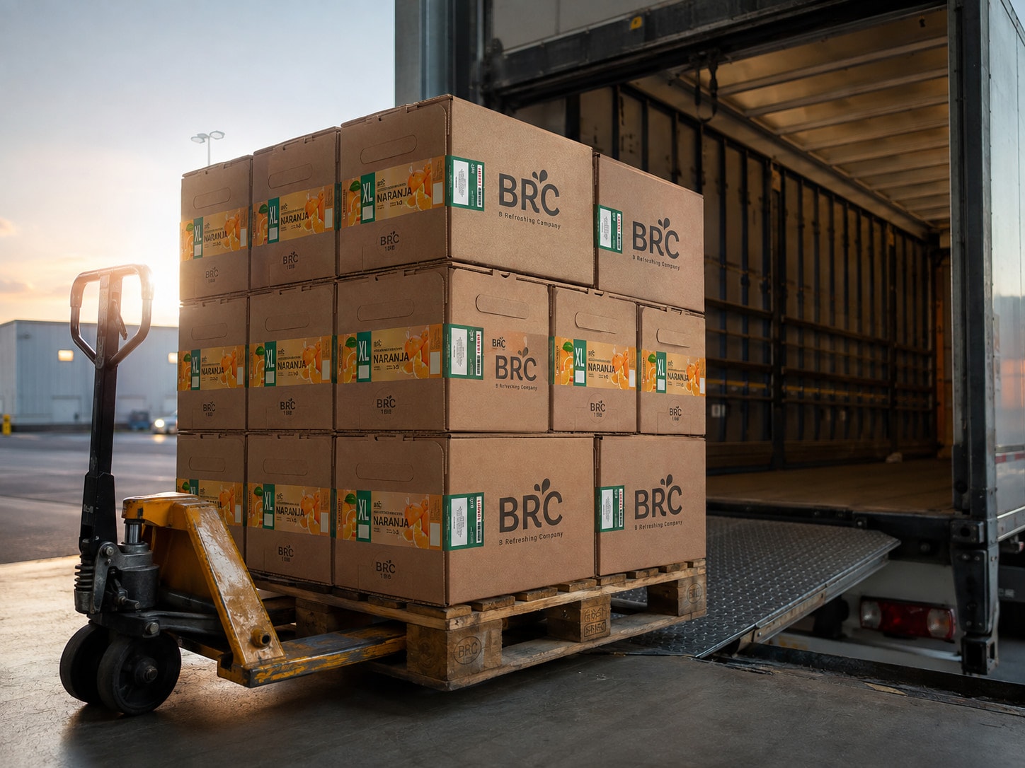 Palé de cajas Bag in Box cargándose en un camión de reparto