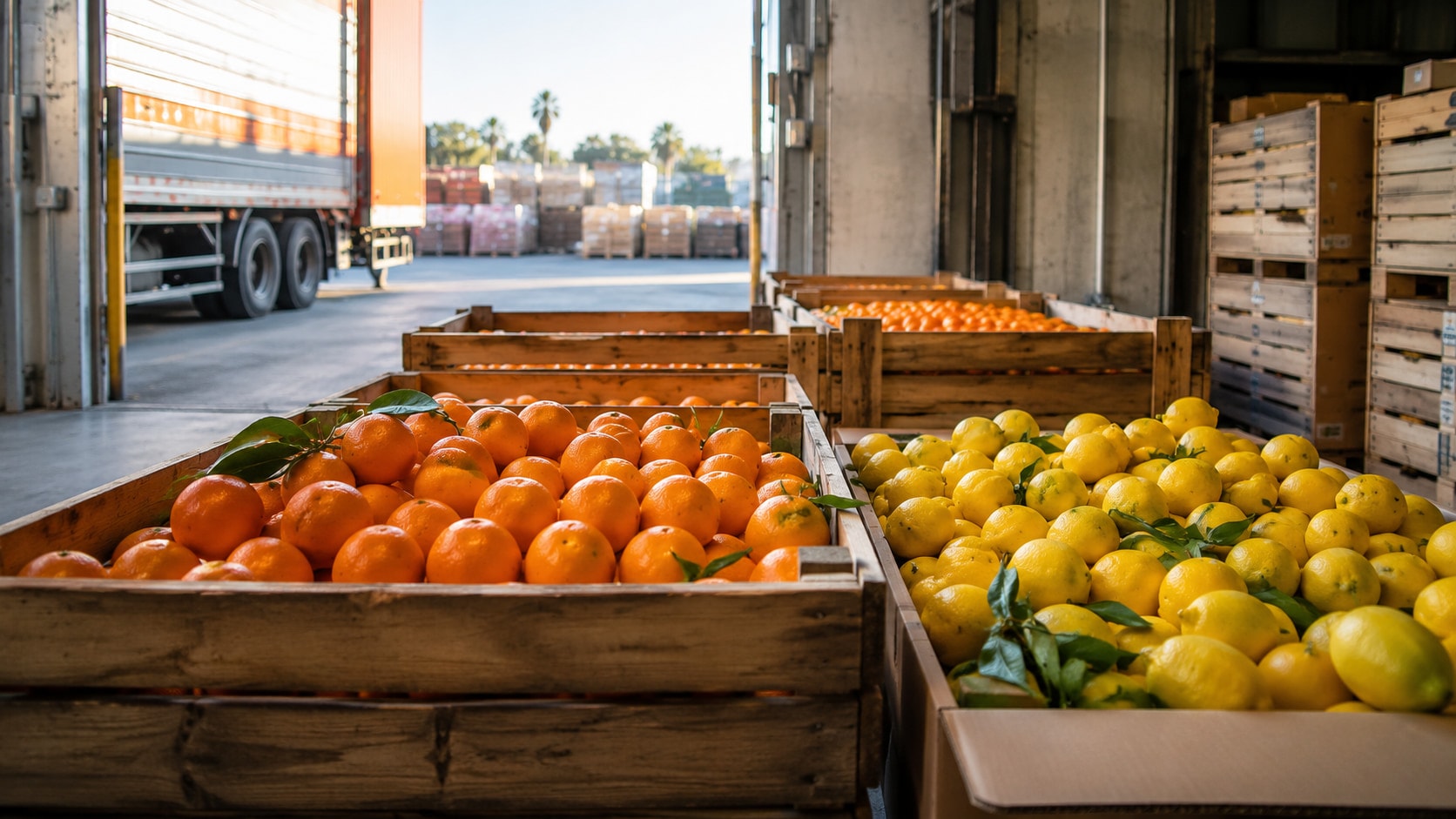 Cajas de naranjas y limones recién recibidos en la planta